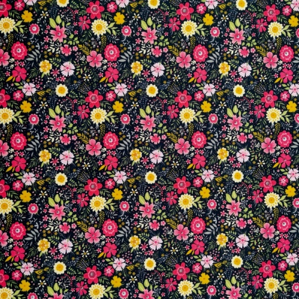 Floral Cotton Poplin - Cerise and Yellow Flowers on Black